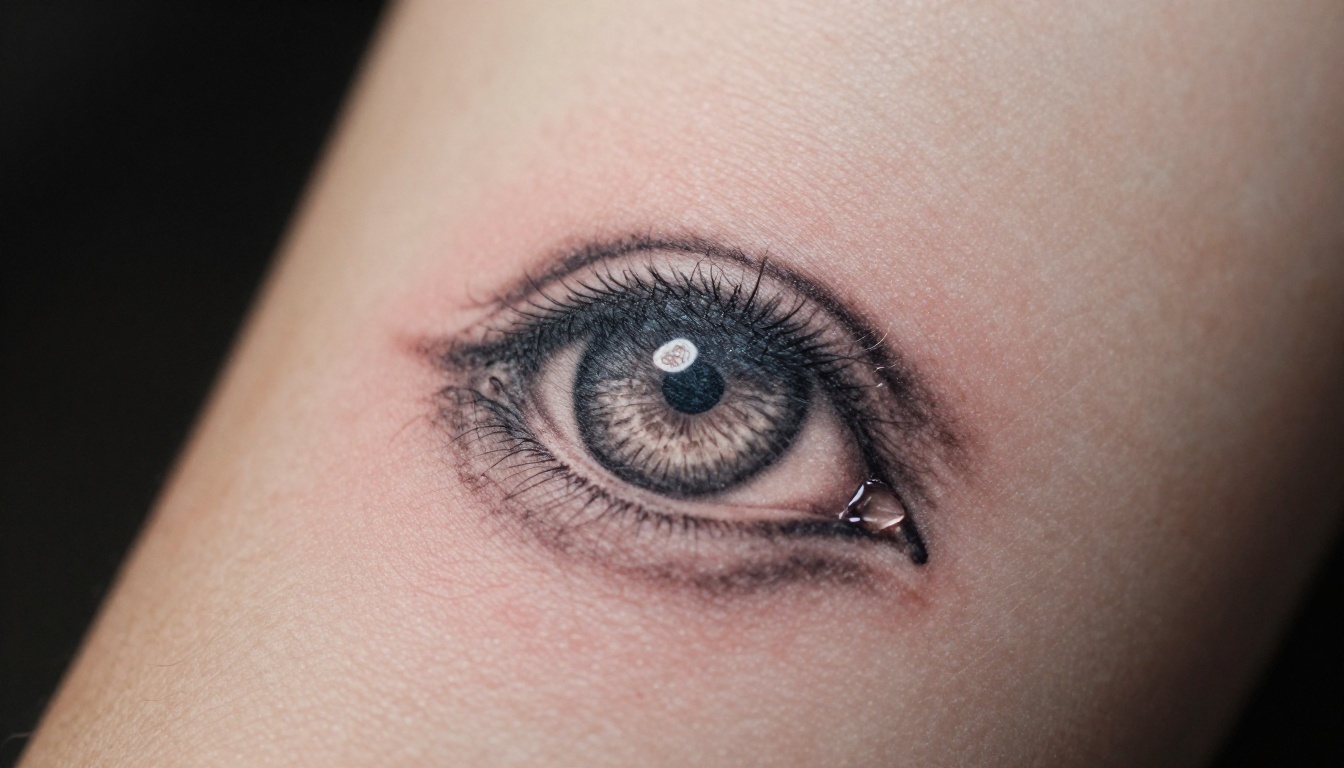 Macro close-up of a black and grey micro realism wolf eye tattoo on a forearm