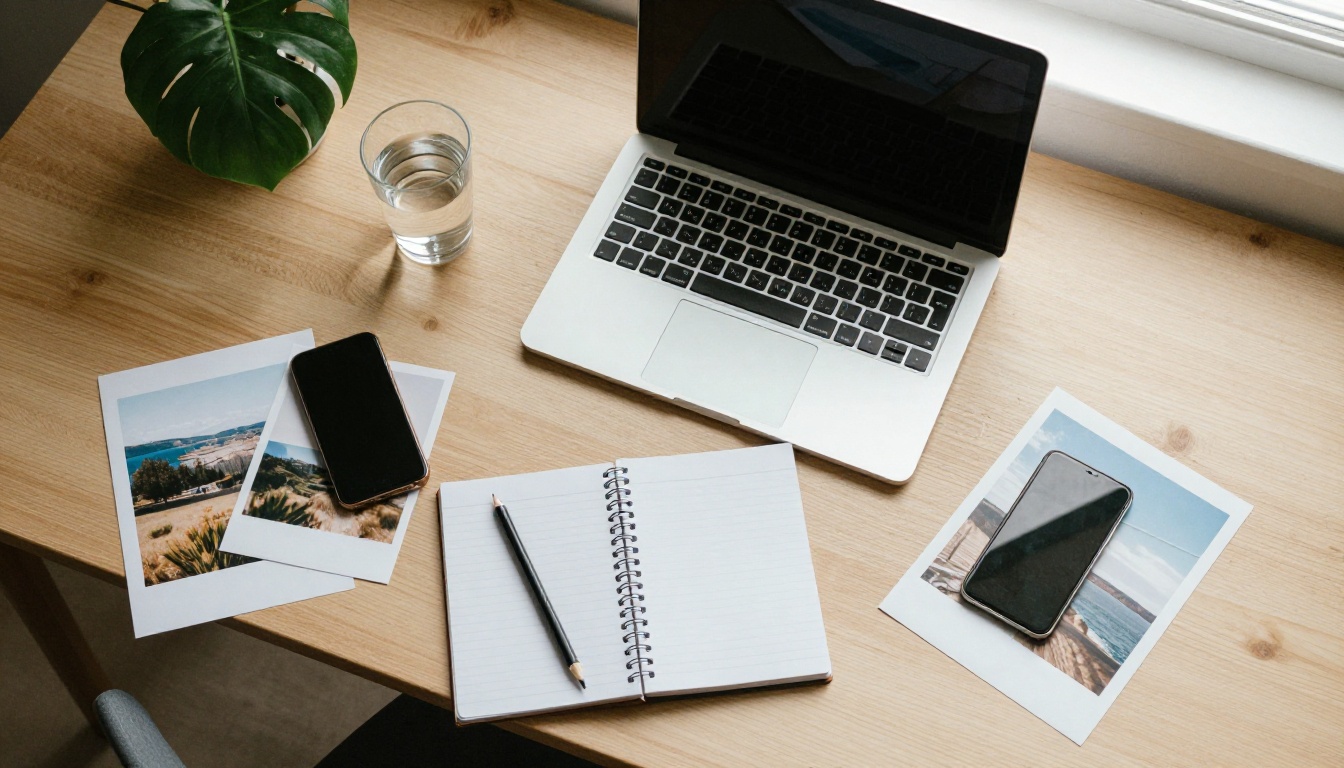Flat-lay of a light oak desk with a laptop, phone, notebook and printed landscape photographs