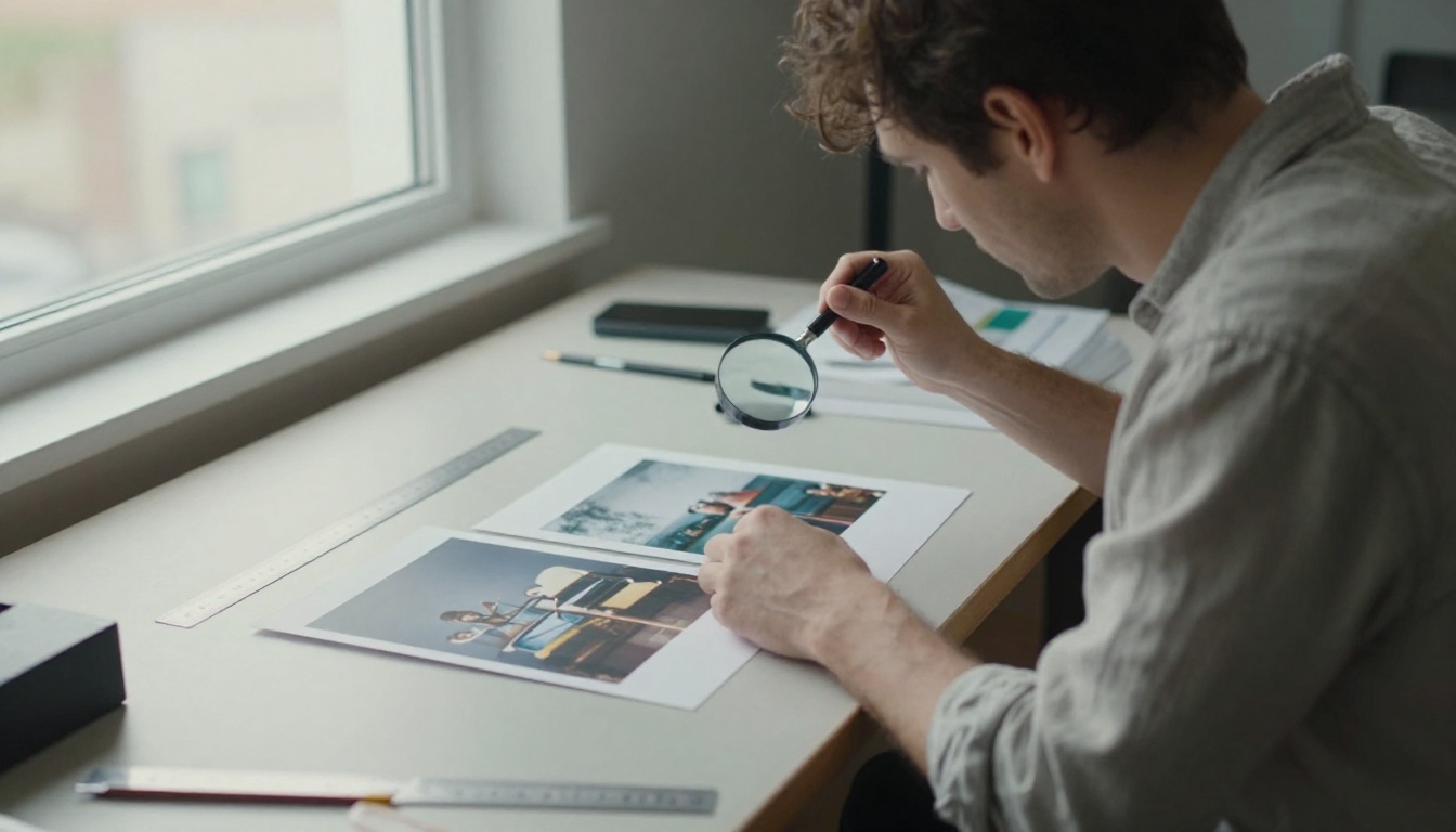 A designer comparing two printed photographs at a long studio table