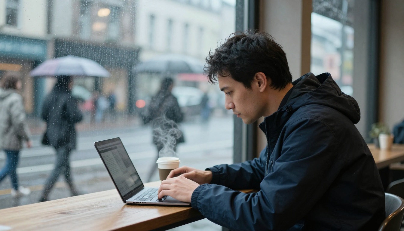 A man waiting beside his laptop at a rainy cafe window