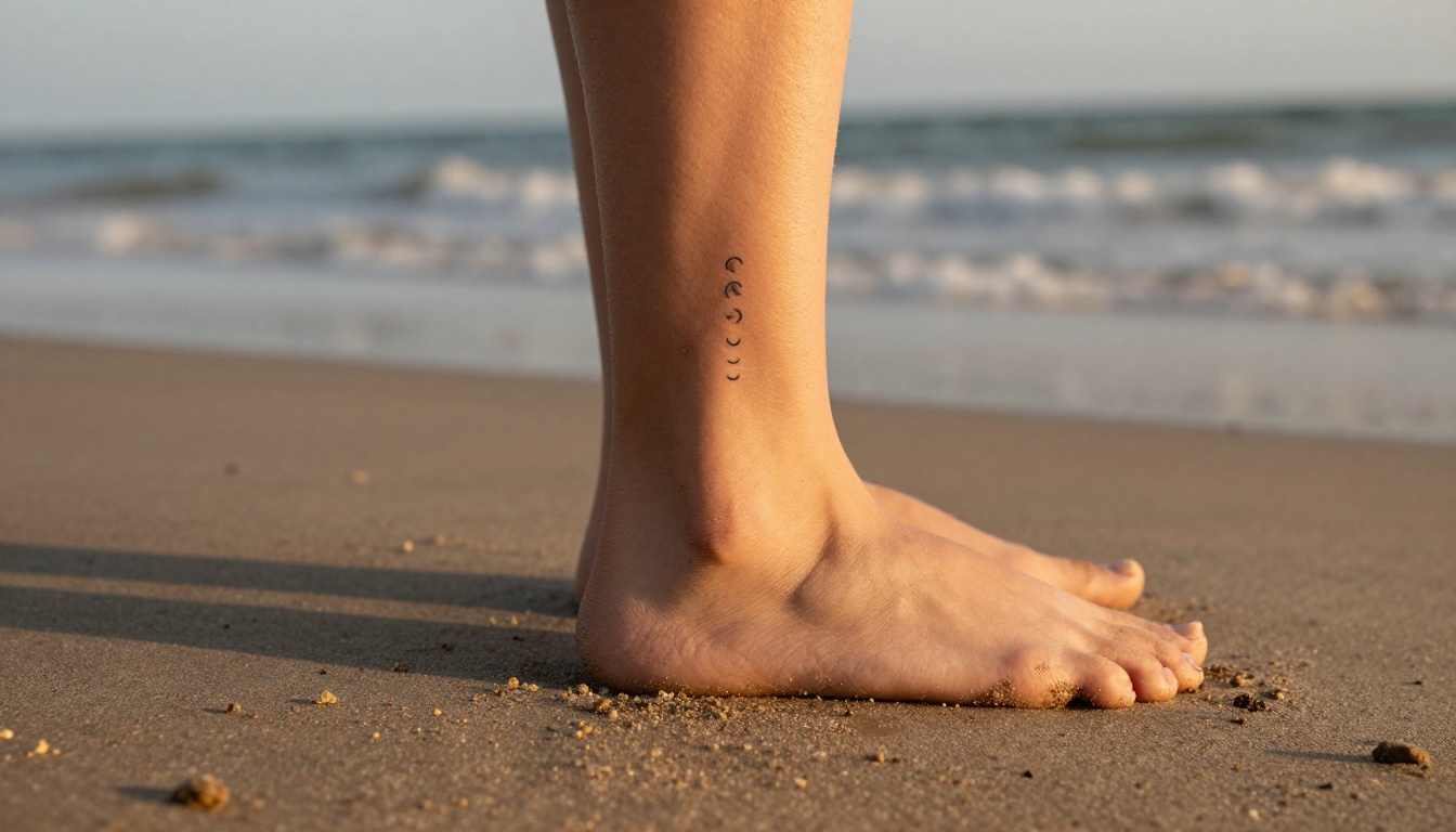 Low-angle view of an ankle with a minimalist crescent moon phases tattoo on warm sand at sunset