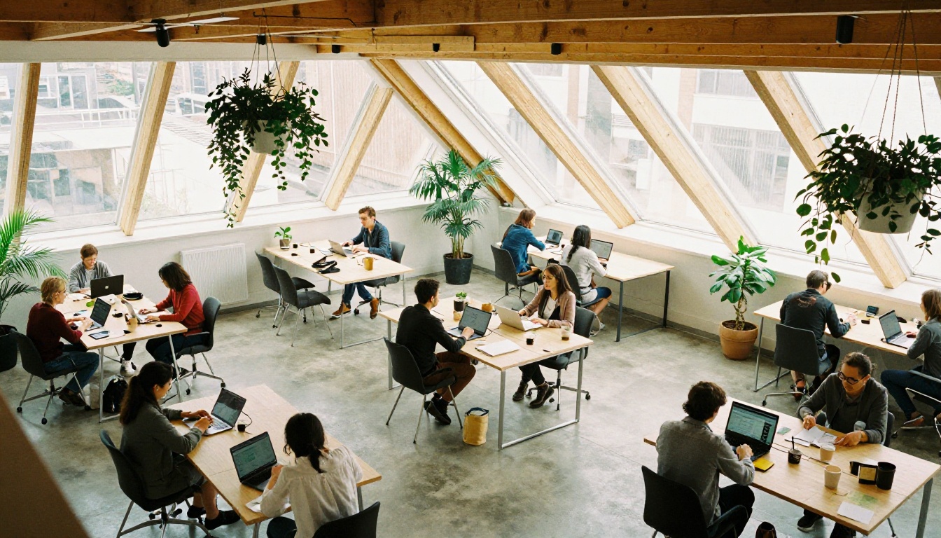 A bright coworking space seen from above with people working on laptops