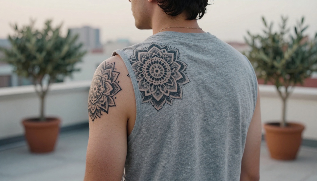 Back view of a shoulder with a large dotwork mandala tattoo on a rooftop terrace in afternoon light