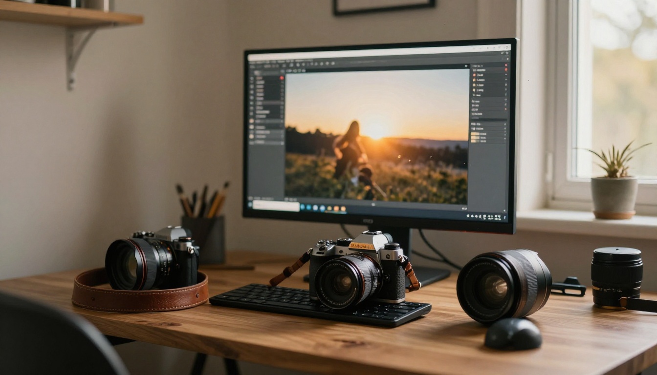 A photographer's home studio at golden hour with a camera beside a monitor