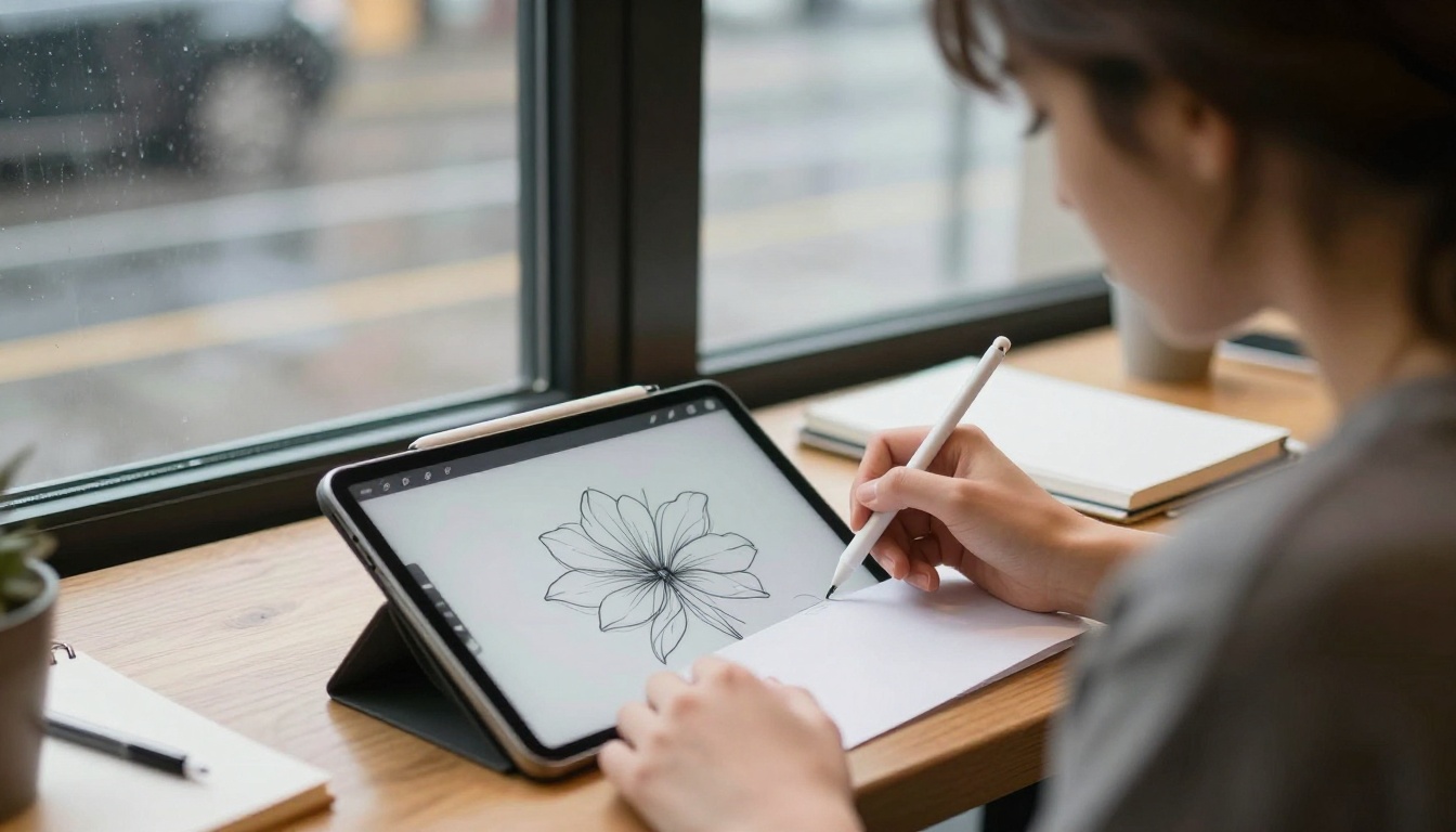 A young woman sketching a tattoo concept on a tablet at a cafe window table