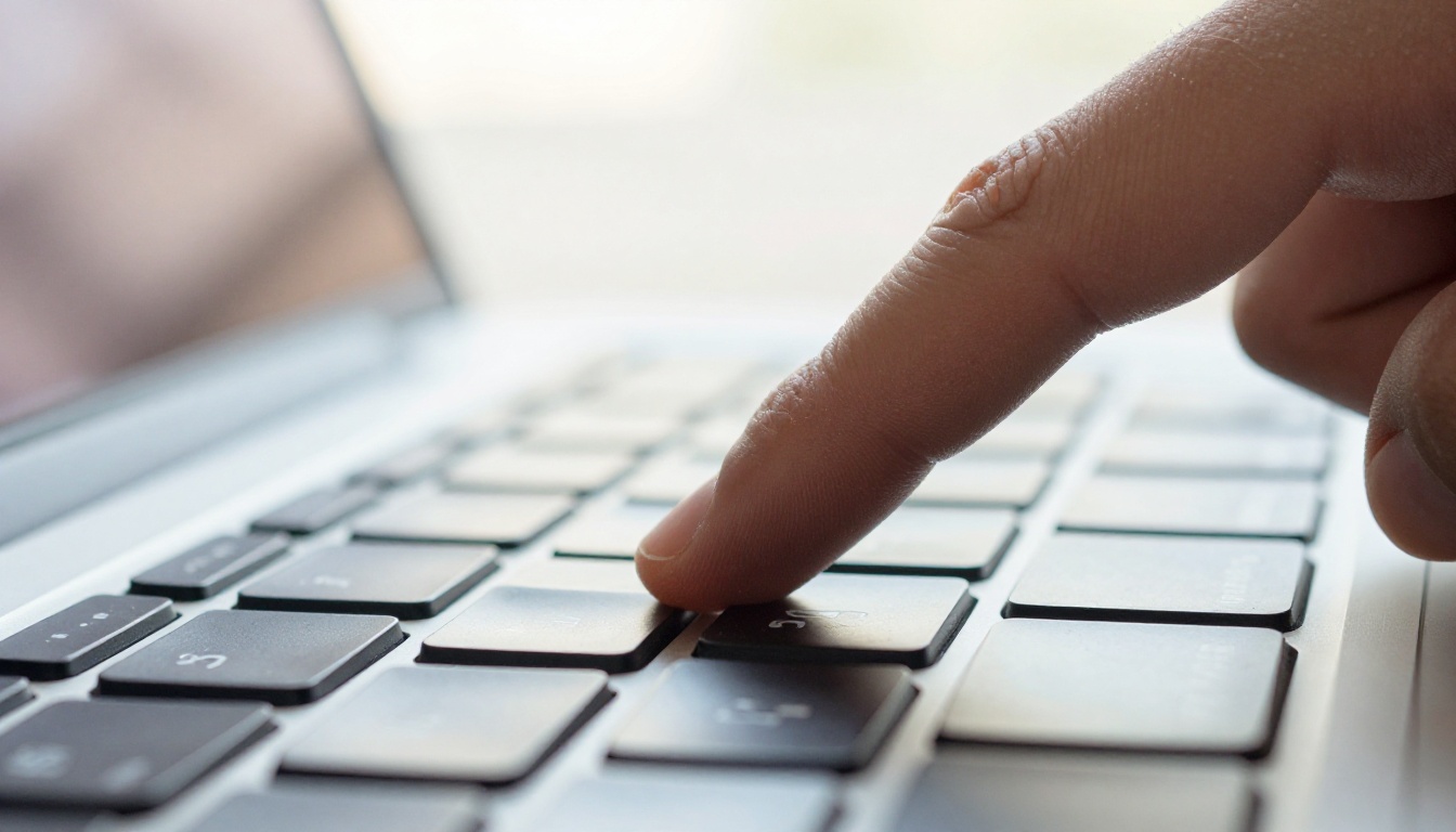 A fingertip tapping a laptop in a close-up macro shot