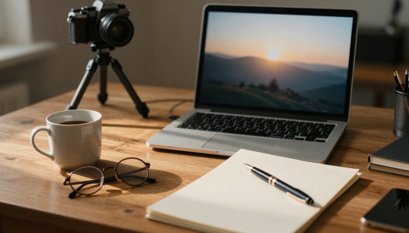 A writer's desk with an open laptop, a camera on a tripod and a fountain pen on cream paper