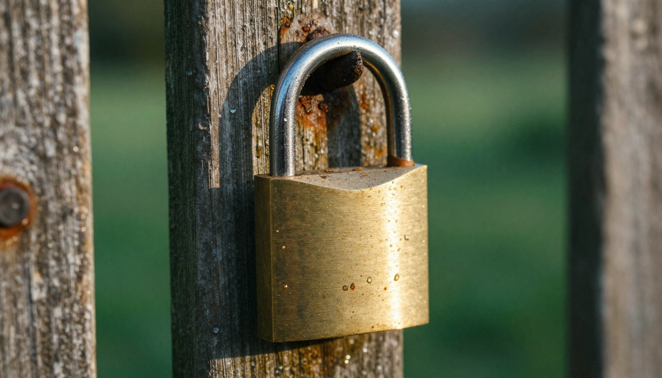 A worn brass padlock hanging on a weathered wooden garden gate