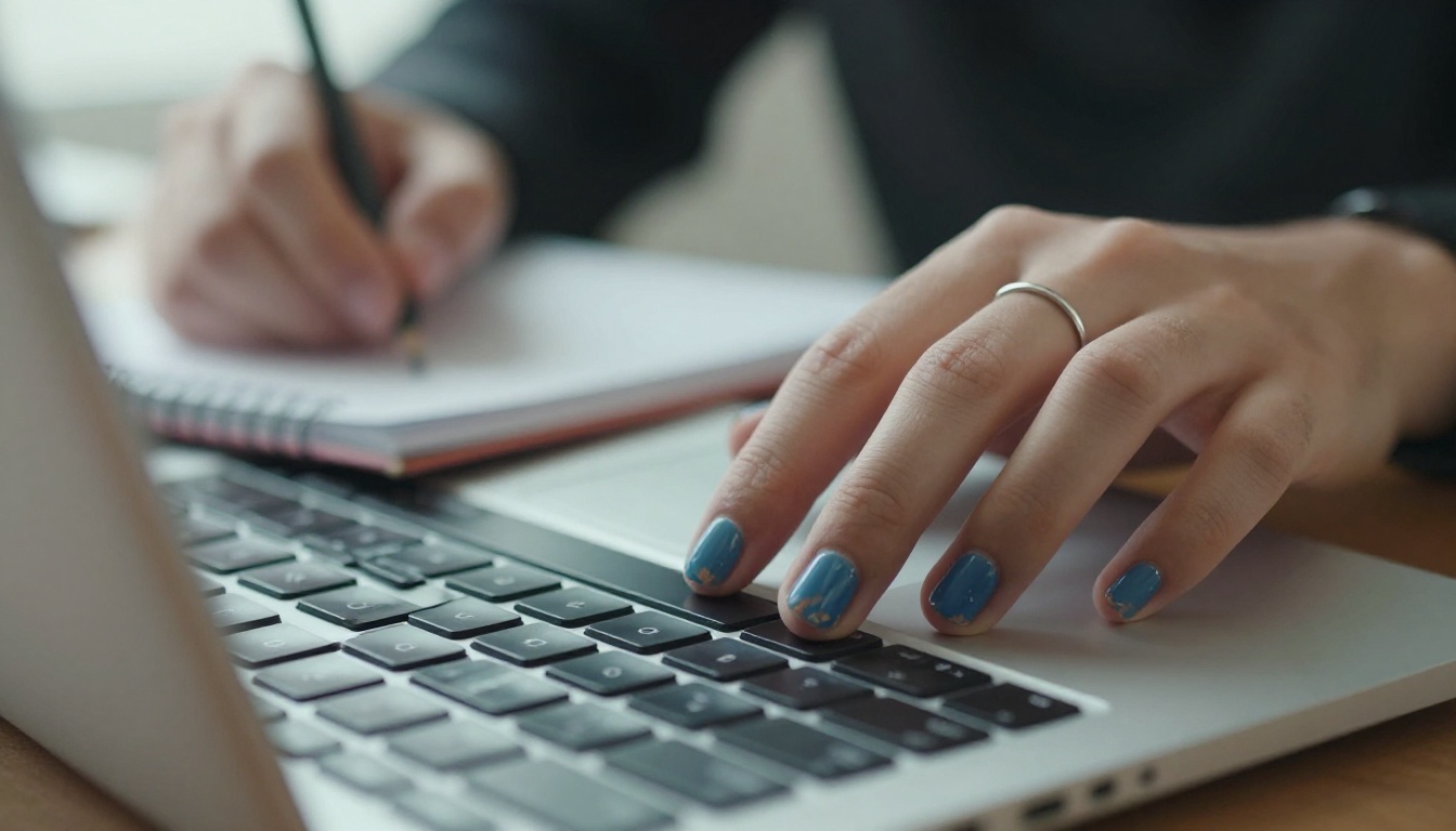 Close-up of a student's hands on a laptop trackpad with a pencil beside the wrist