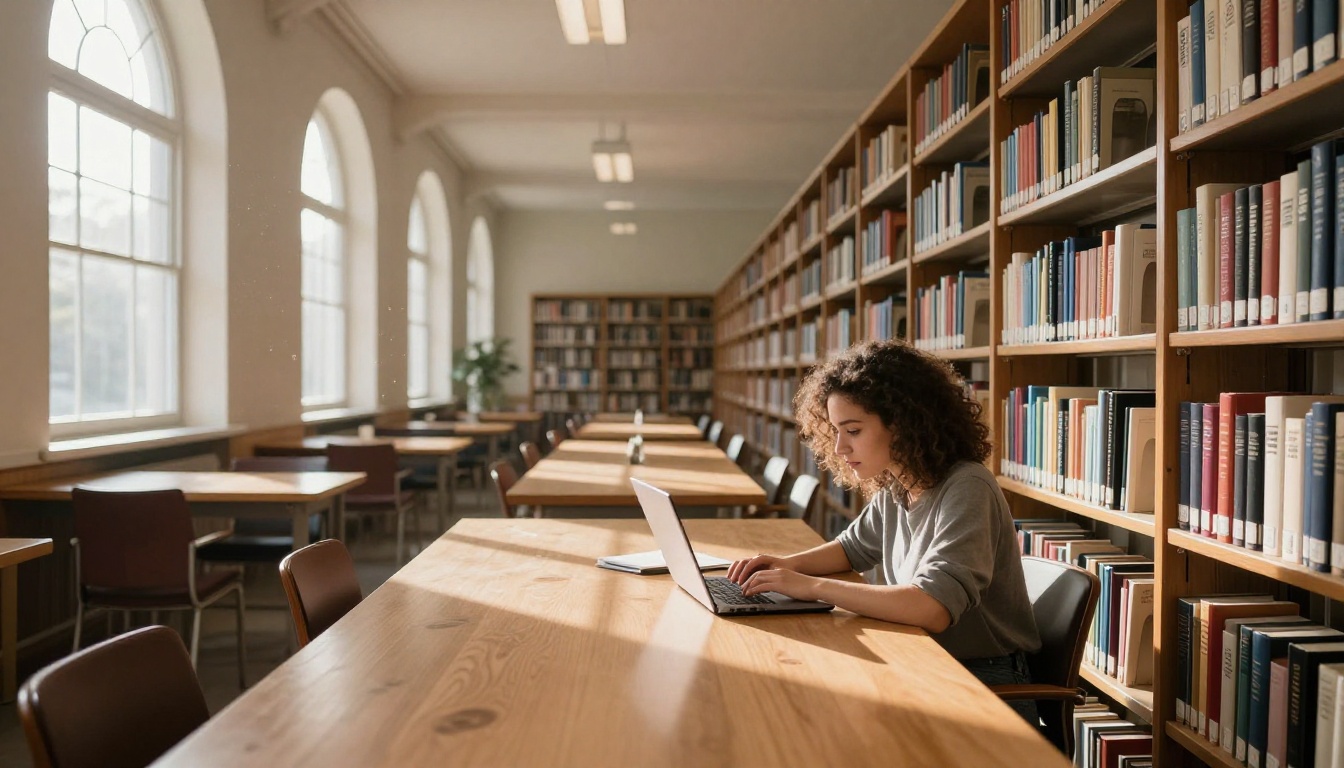 Student working on a laptop at a long table in a bright university library