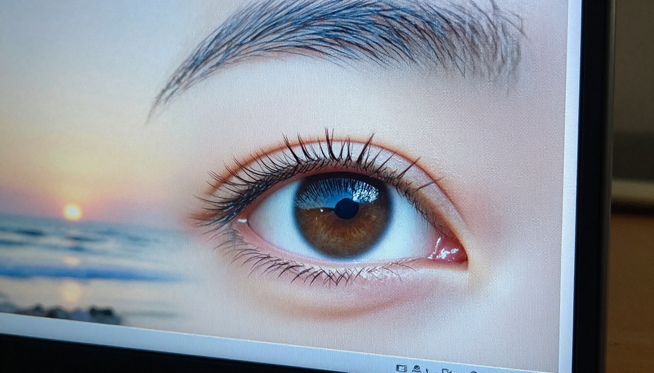 Macro view of a laptop screen edge with a student's eye reflected in the glass
