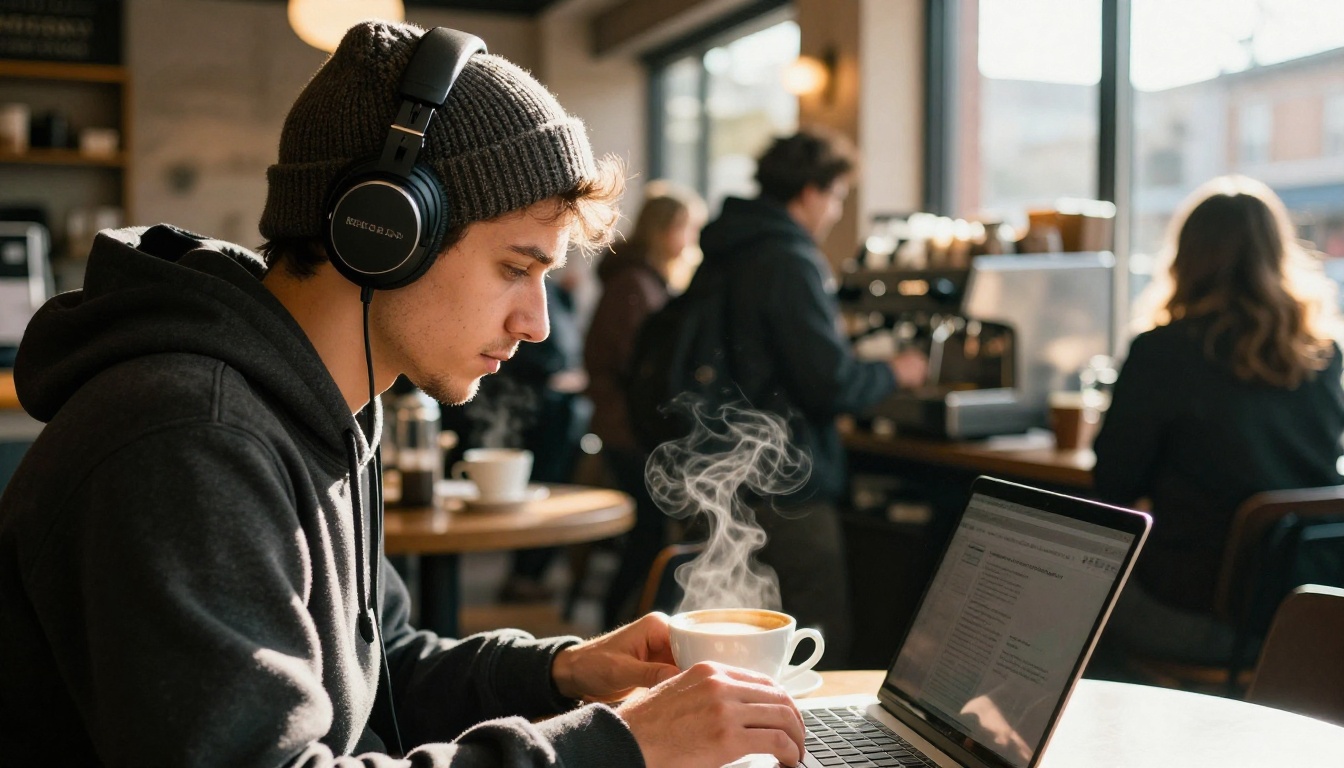 Student with headphones typing on a laptop in a corner cafe