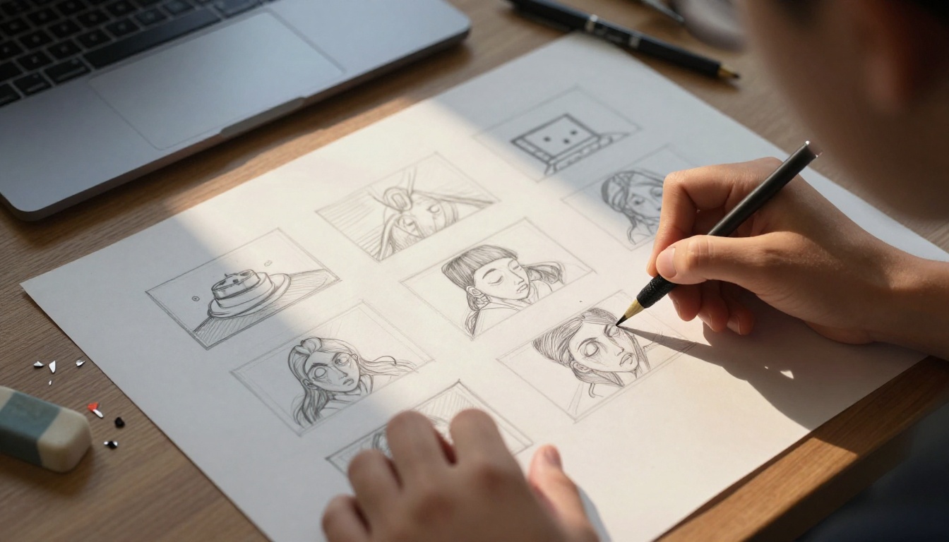 Student sketching six rough storyboard frames beside an open laptop
