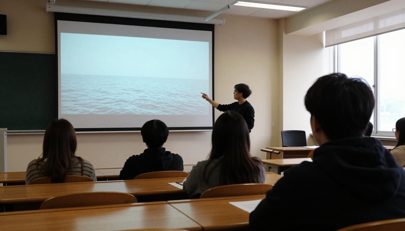 Student presenting beside a projected ocean video in a lecture classroom