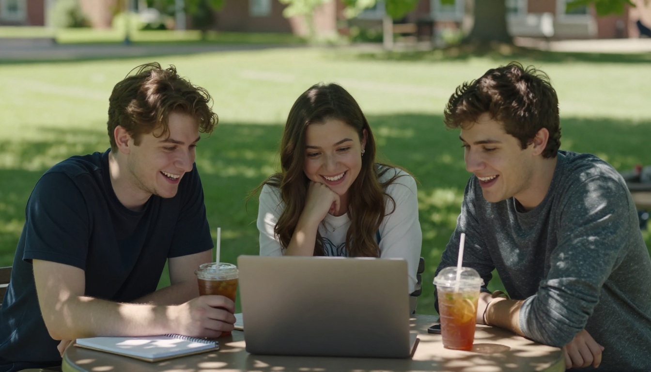 Three students laughing together while reviewing a video clip on a laptop outdoors