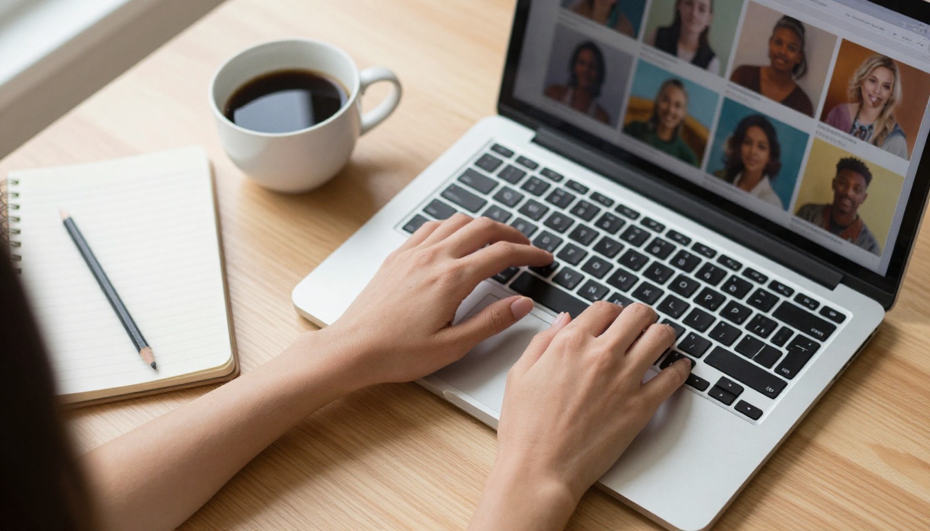 Overhead view of hands typing a photo prompt on a laptop beside a coffee cup and notebook