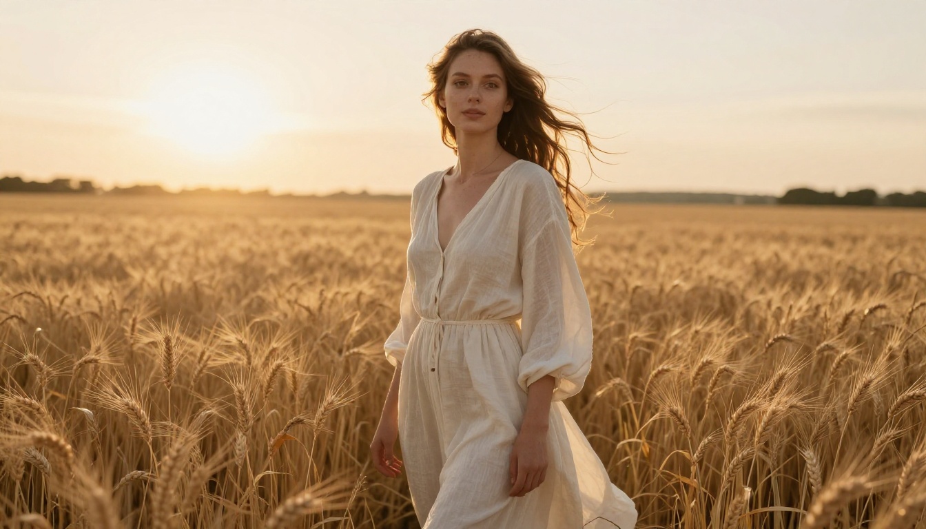 Woman in an ivory linen dress standing in a wheat field at golden hour