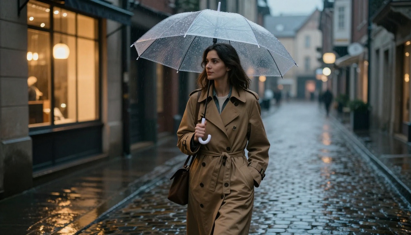Woman in a camel trench coat walking a wet cobblestone alley holding a clear umbrella