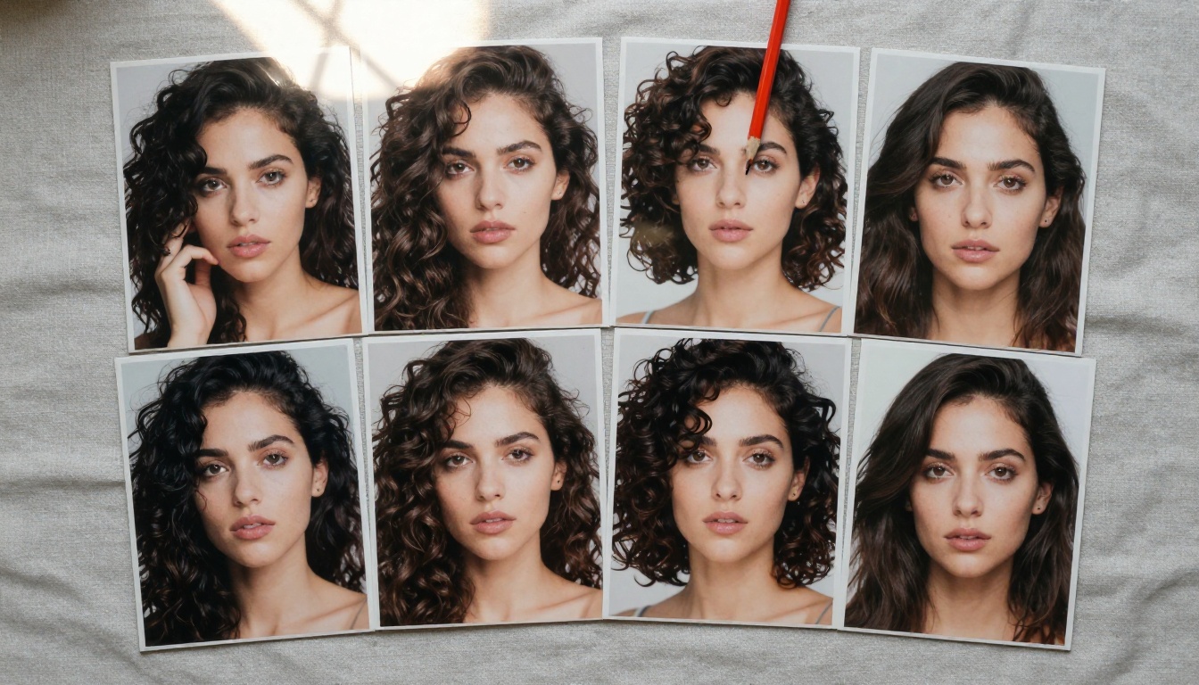 Five printed portraits of women with dark curly hair showing small differences in nose, jaw and eyes