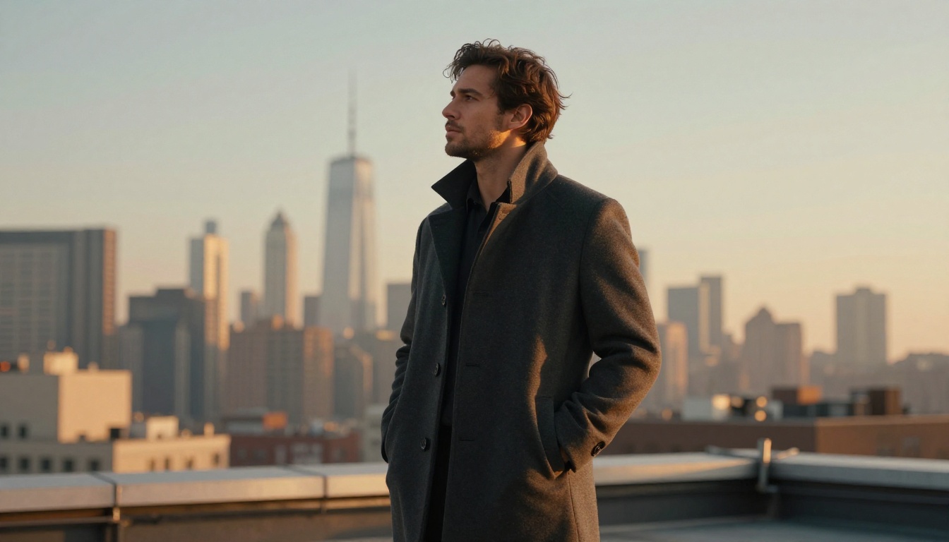 Man in a charcoal overcoat on a rooftop at sunrise shot from a low angle