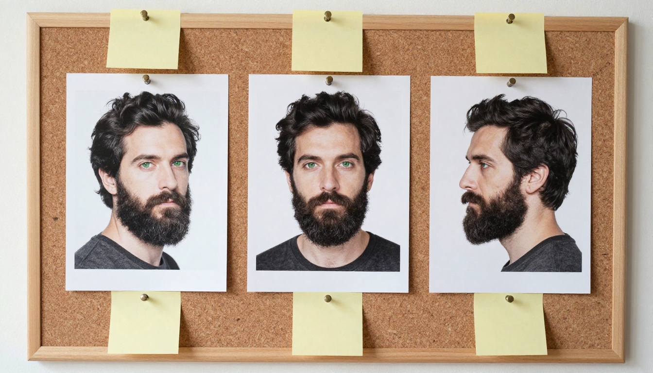 Corkboard with three matching portrait prints of the same bearded man in front, profile and three-quarter views