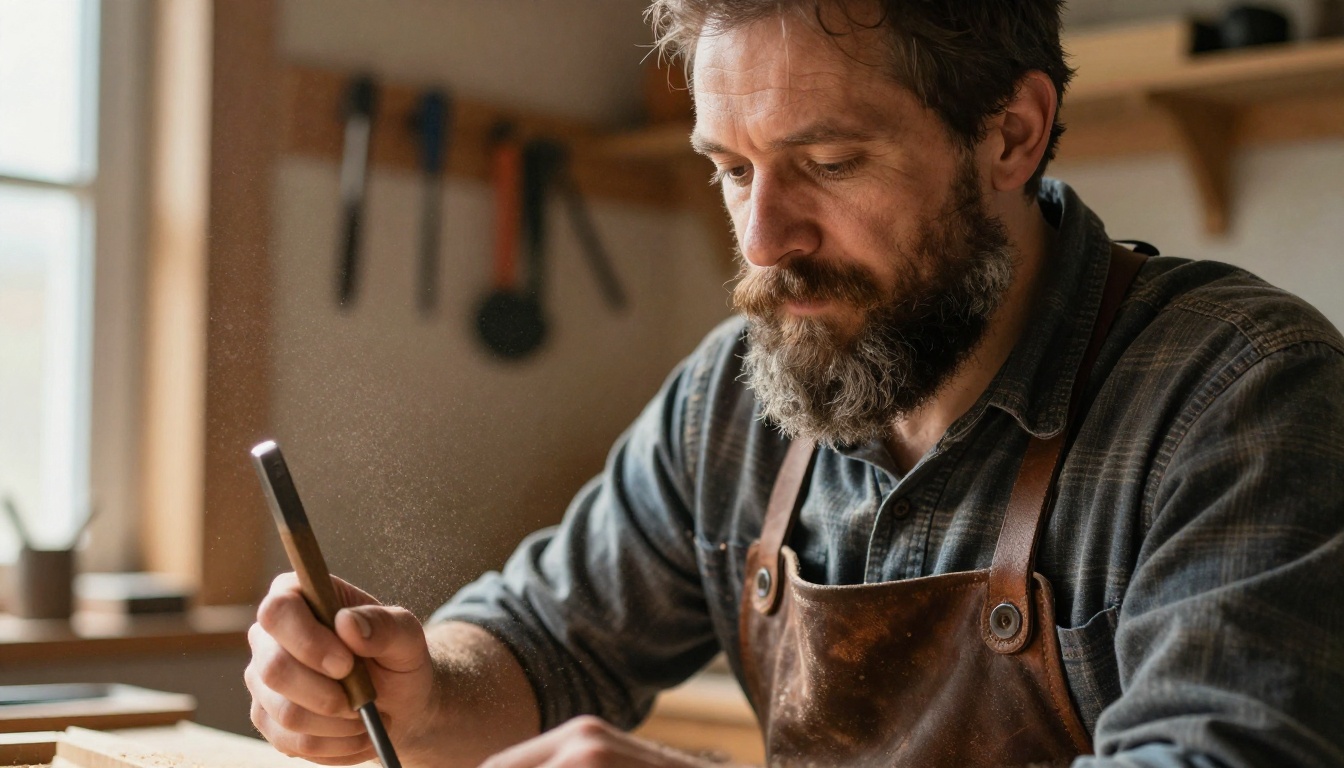 Bearded man in a woodworking workshop with sawdust in a beam of window light