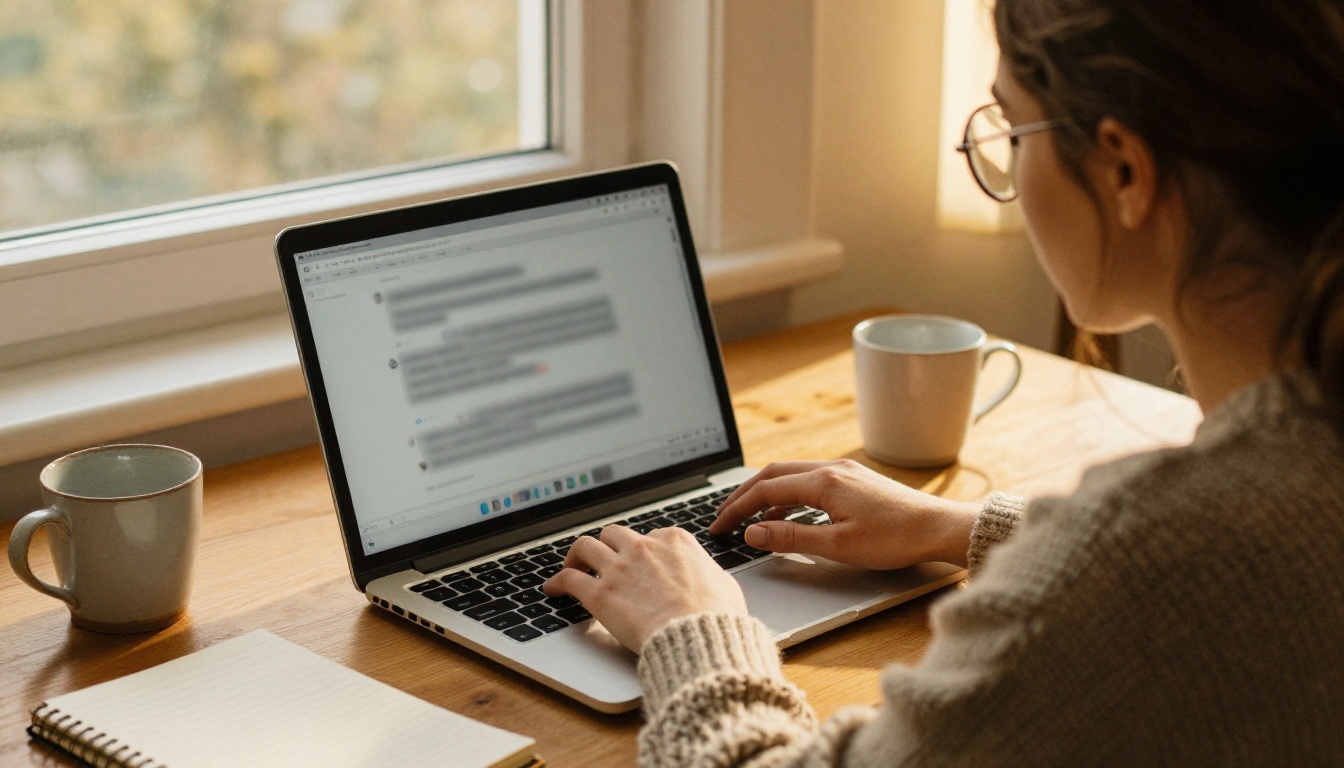 Woman with round glasses typing on a silver laptop at a wooden desk in warm afternoon light