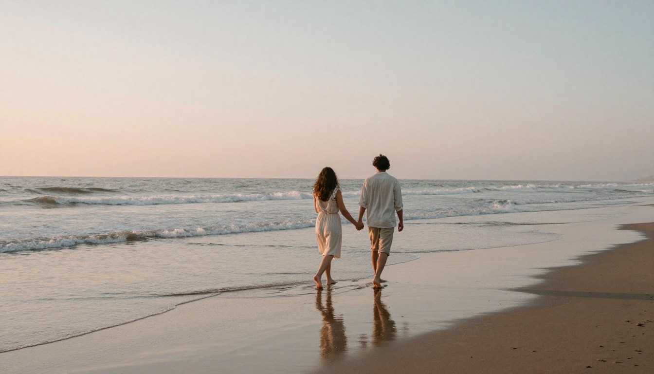 Couple walking barefoot and holding hands on a beach at sunrise seen from behind