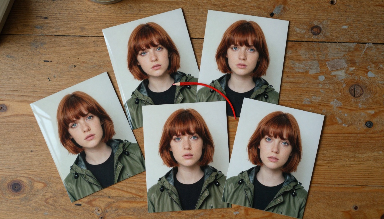Four printed photos of a woman in a green raincoat with slightly different faces on an oak table