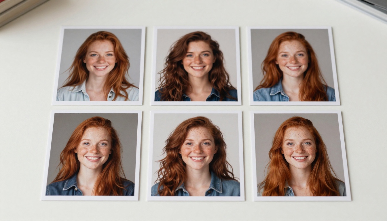 Six printed portraits of a smiling red-haired woman with freckles laid out in two rows as anchor candidates
