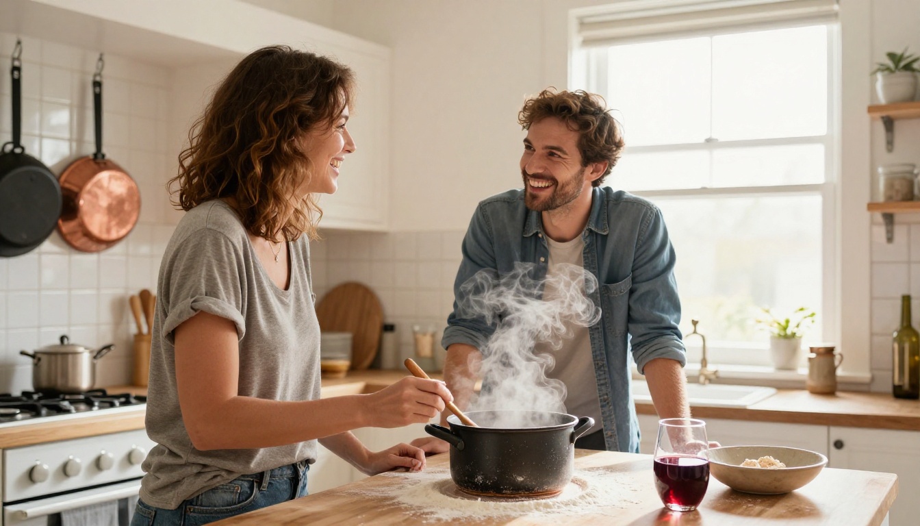 Couple laughing in a sunlit home kitchen while cooking together