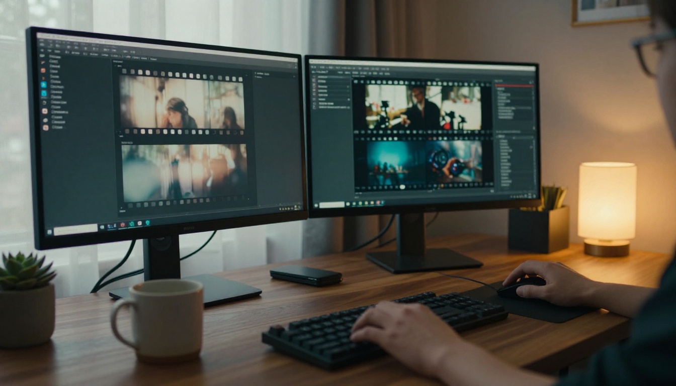 Low-angle view of a two-monitor editing desk with a mug and a small plant
