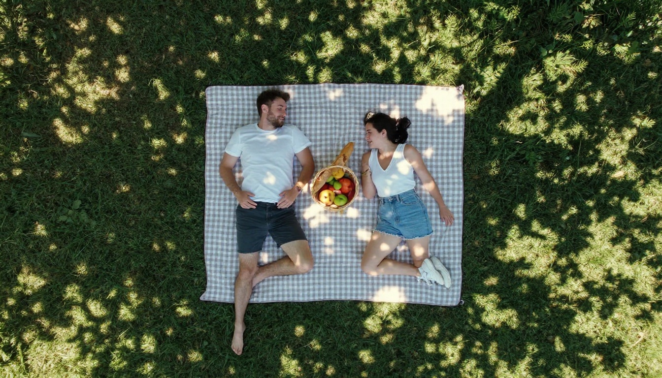 Couple lying on a checkered picnic blanket in a park photographed from directly above