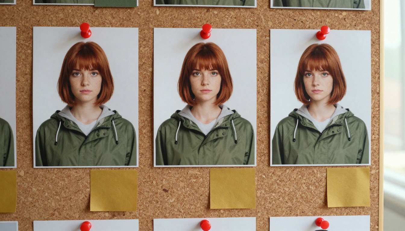 Cork pinboard with printed front, profile and three-quarter portraits of one woman and fabric swatches