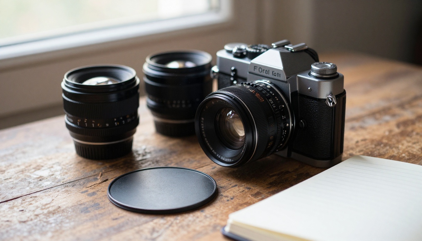Vintage film camera, three prime lenses and a reflector disc on a walnut table in window light
