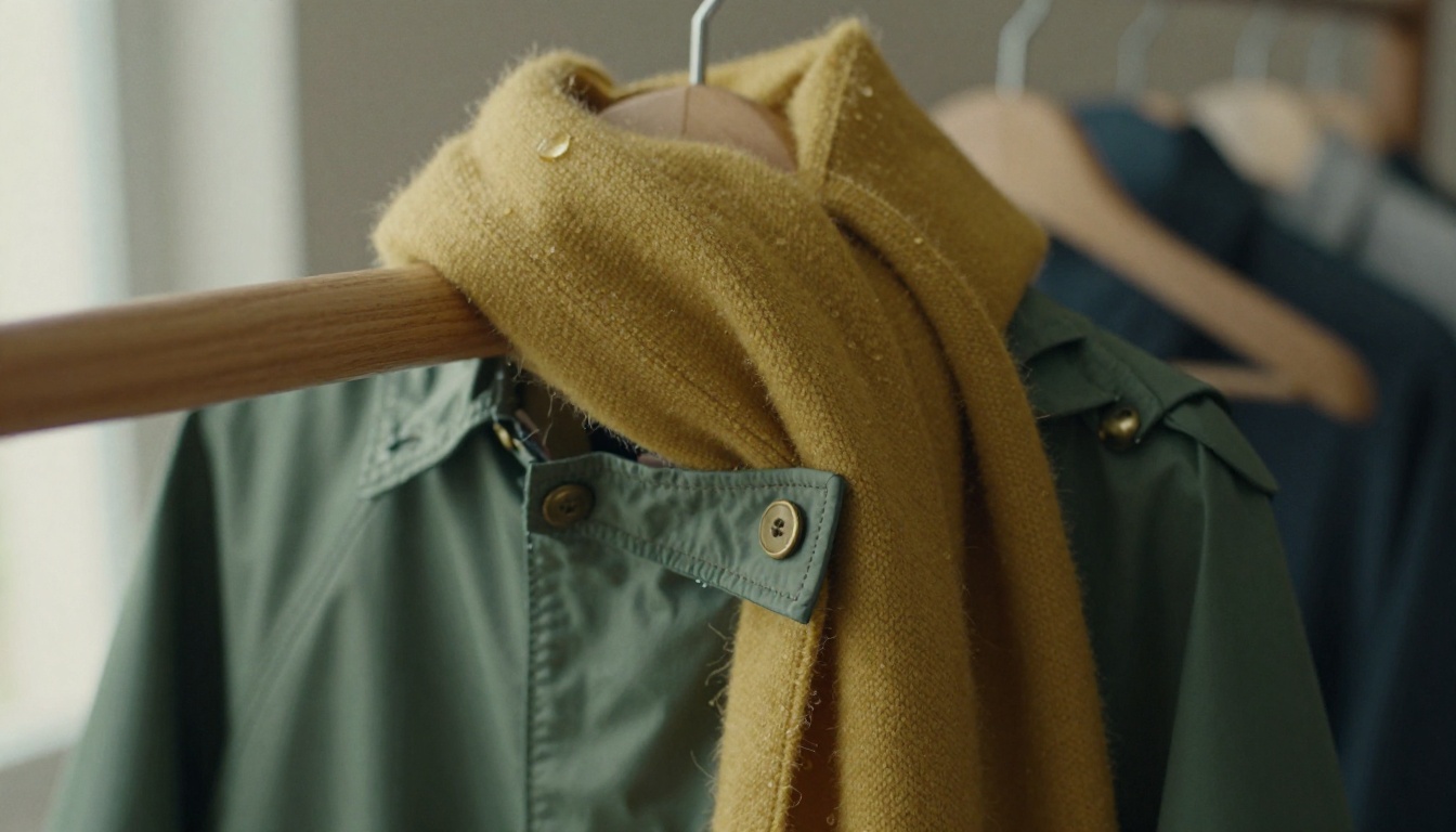 Macro close-up of an olive waxed raincoat sleeve and a mustard wool scarf on a wooden rail