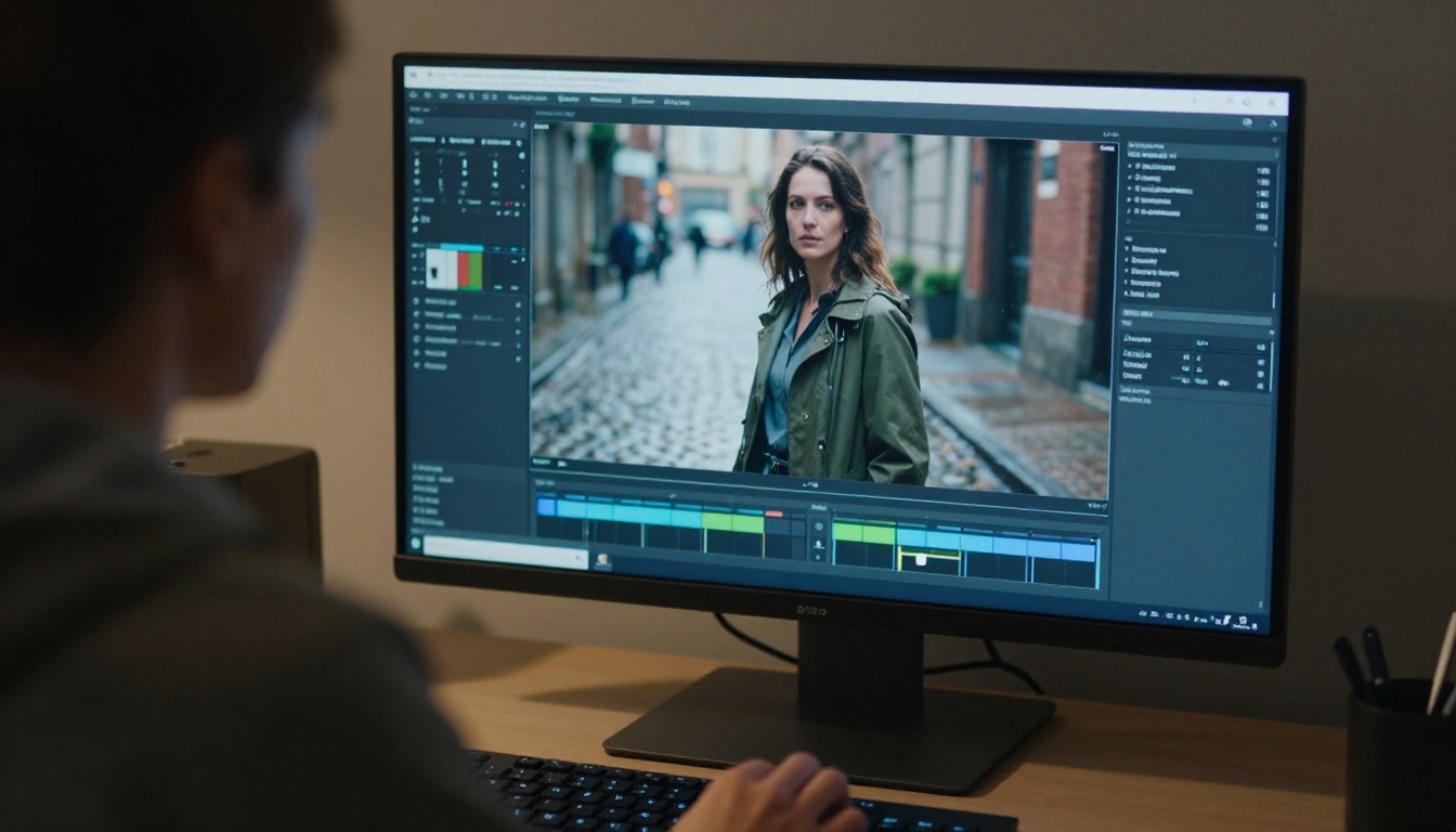 Video editor looking at a paused frame of a woman in a green raincoat on a monitor