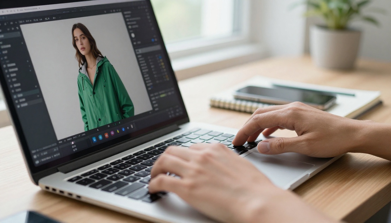 Hands on a laptop in a bright home studio with a blurred video generation page