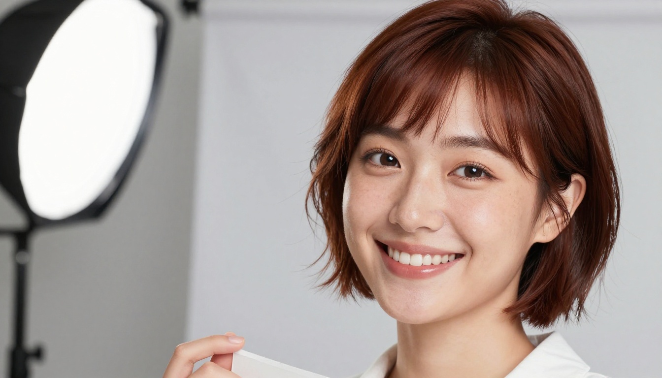 Young woman with short auburn hair holding a printed portrait of herself beside her cheek