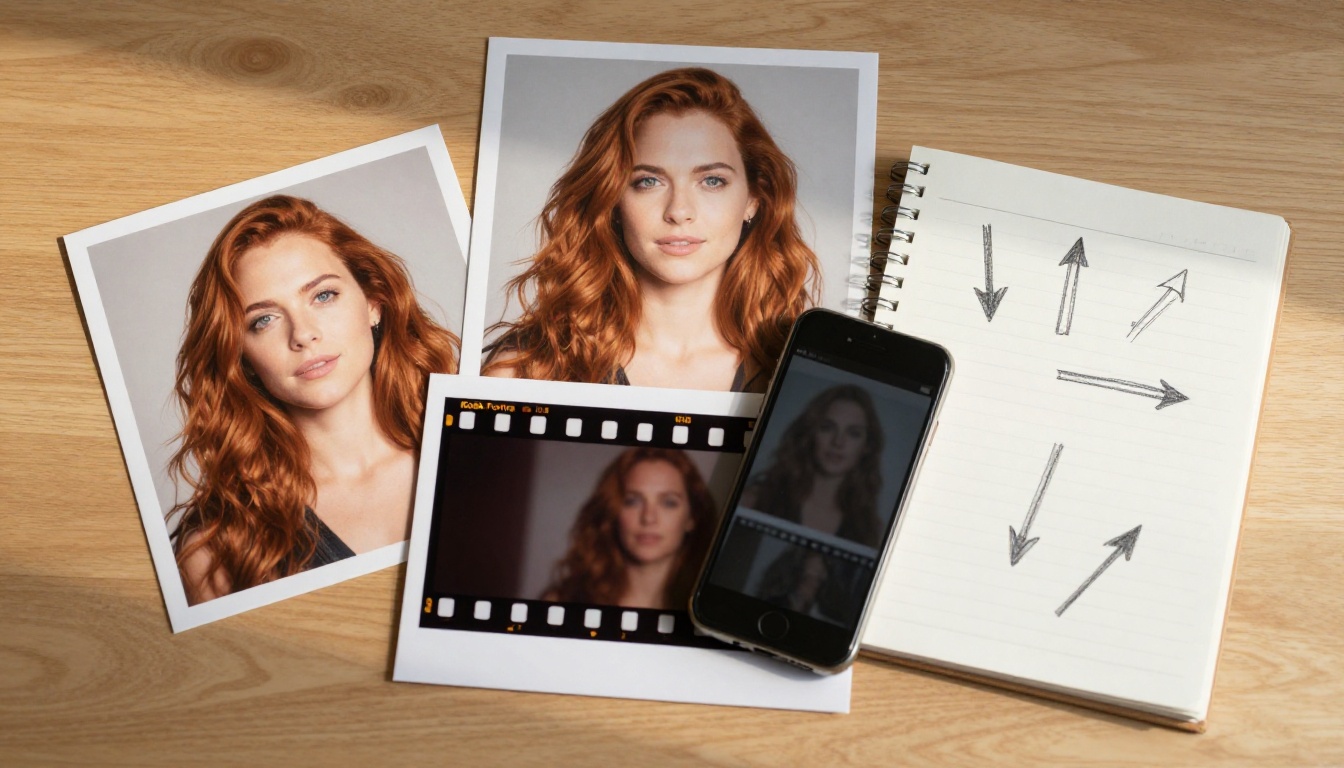 Overhead view of printed portraits, a contact sheet, a phone and a sketch notebook on an oak desk