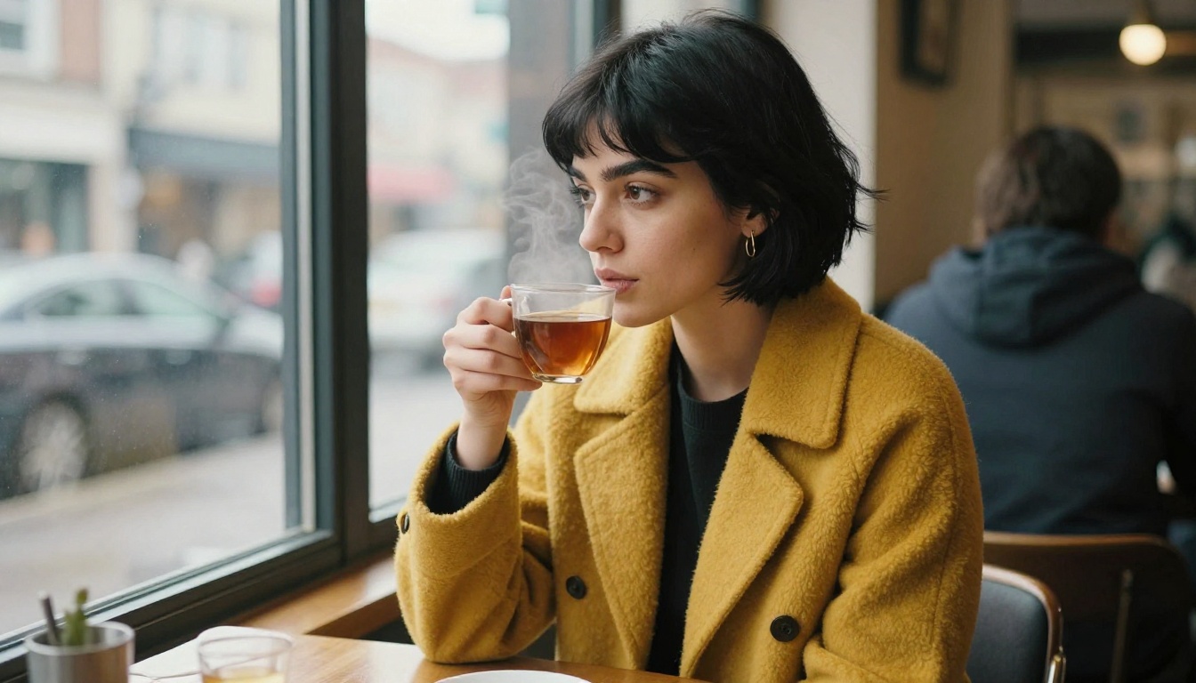 Woman with a black bob and mustard yellow coat drinking tea by a café window