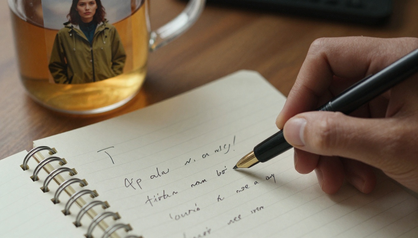A hand writing in a notebook next to a mug of tea and a printed photo of a woman in a raincoat