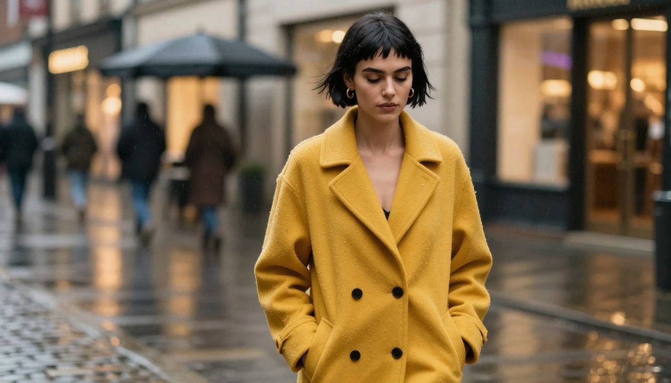 Woman with a black bob and mustard yellow coat walking down a rainy city street at dusk