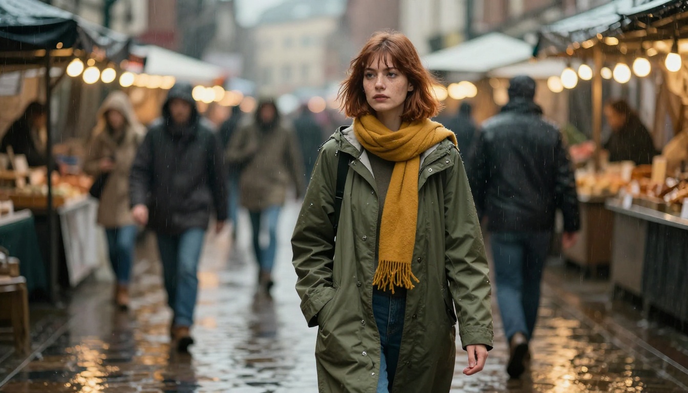 Woman in an olive raincoat and mustard scarf walking through a rainy outdoor market