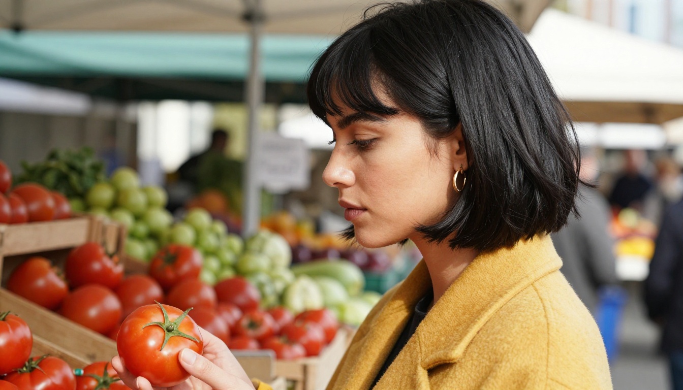 Woman with a black bob and mustard yellow coat choosing tomatoes at an outdoor market stall