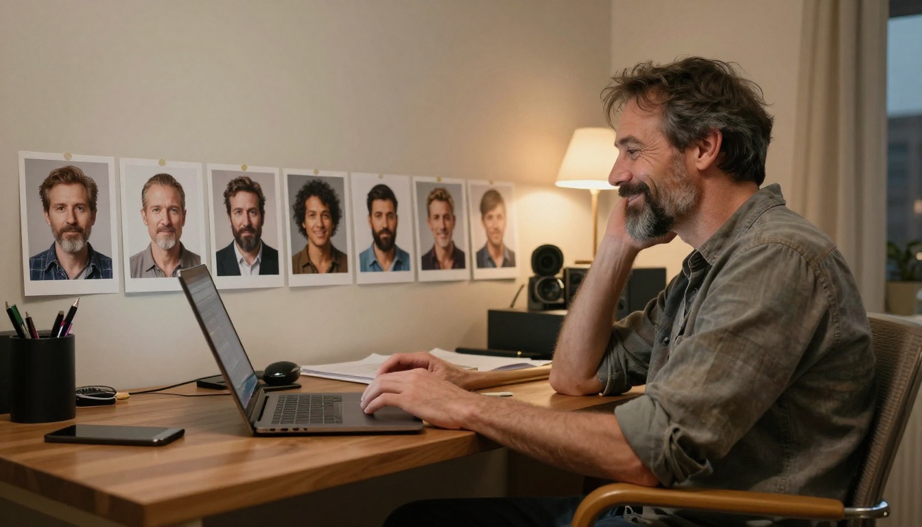 Man with a gray beard smiling at his desk beside a row of printed portraits of the same character