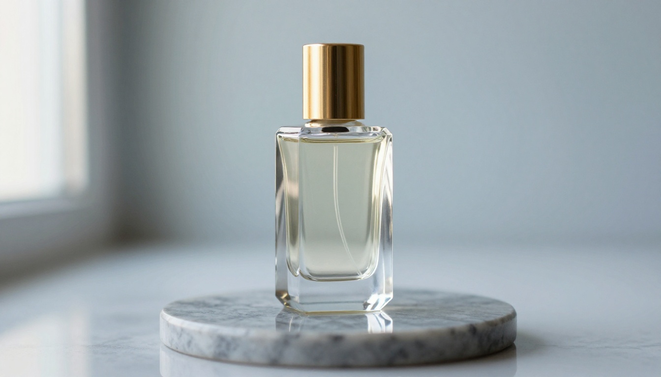 A faceted crystal perfume bottle with a gold cap on a grey marble pedestal, lit from the left by soft window light
