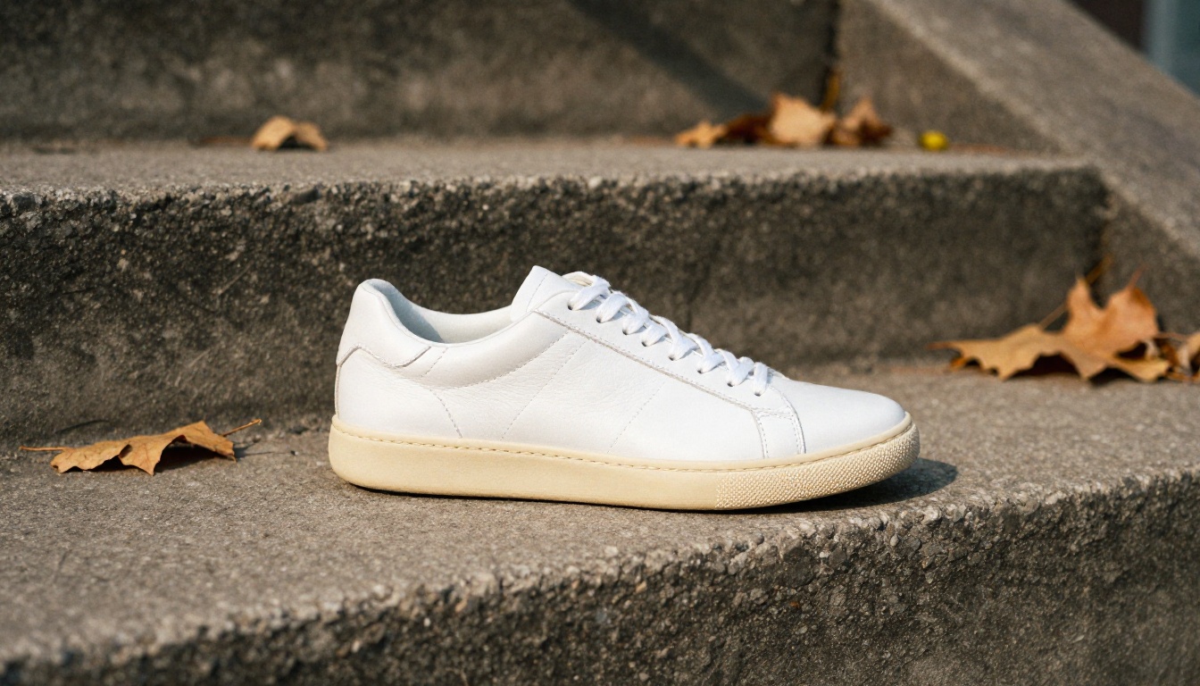 A white leather sneaker on weathered concrete steps in hard afternoon sun, seen from a high angle