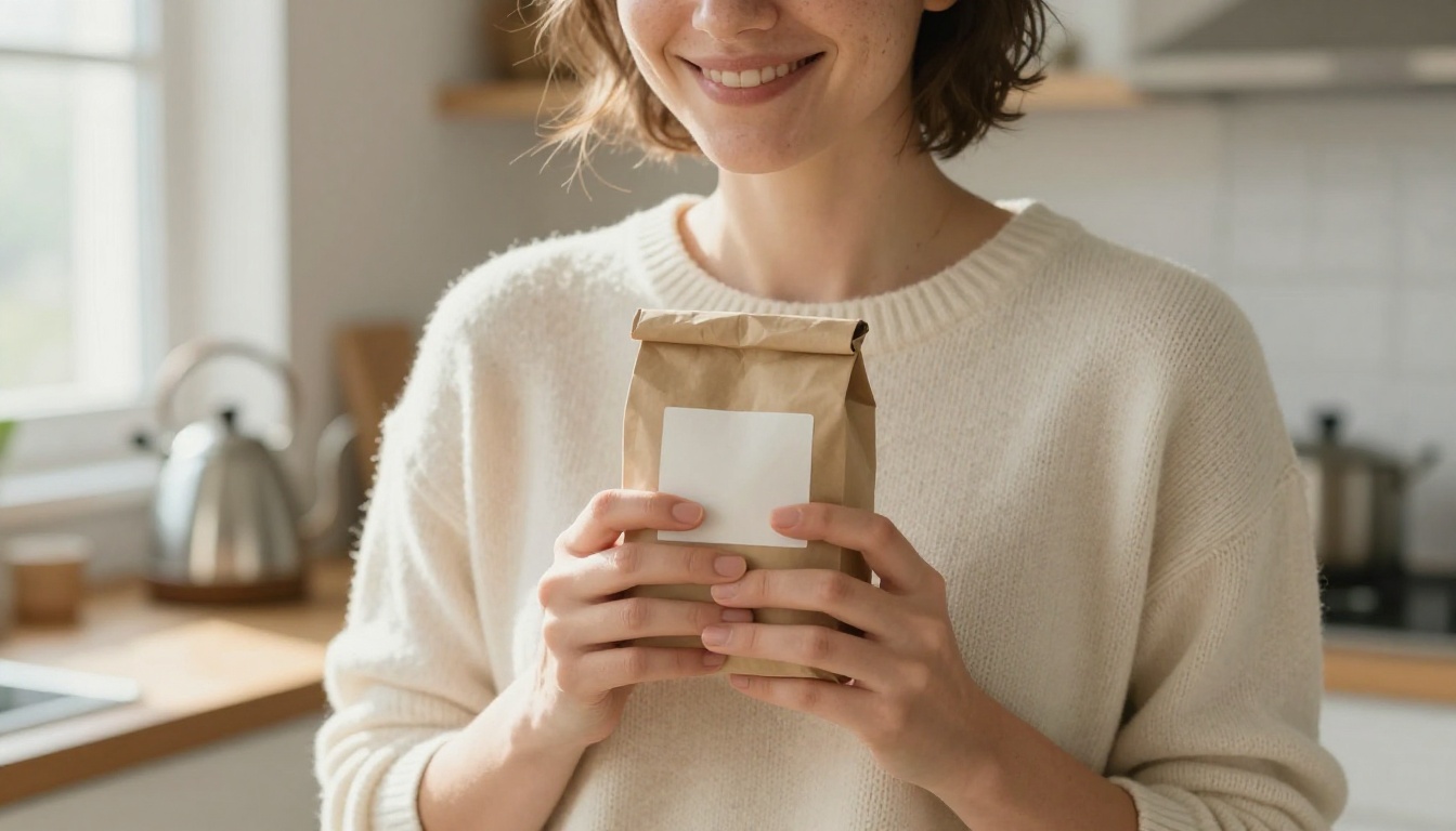 A smiling woman with light freckles holding a kraft coffee bag in a sunlit kitchen