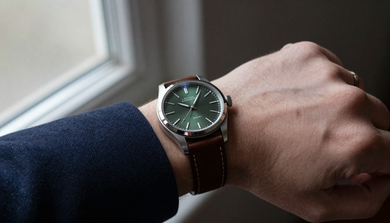 A close up of a wrist wearing a steel watch with a green dial on a navy wool coat cuff